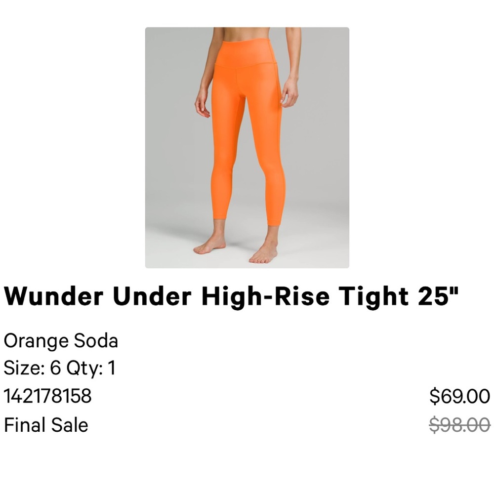 Wunder High Rise Tight 25” in Orange Soda size 6